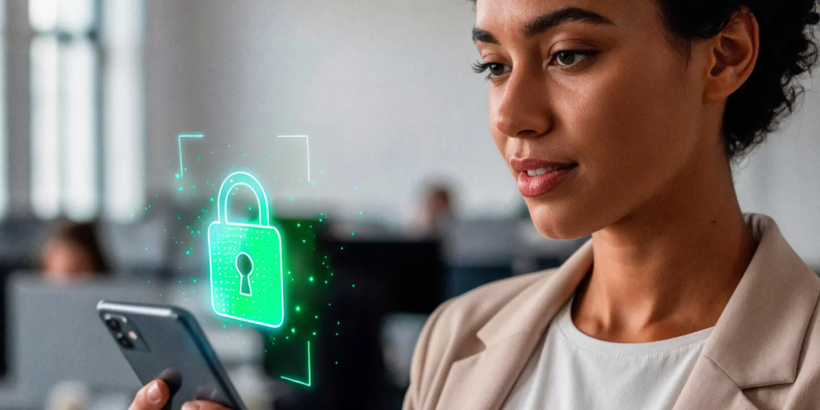 Mujer sostiene en sus manos un celular y sale un candado de seguridad.